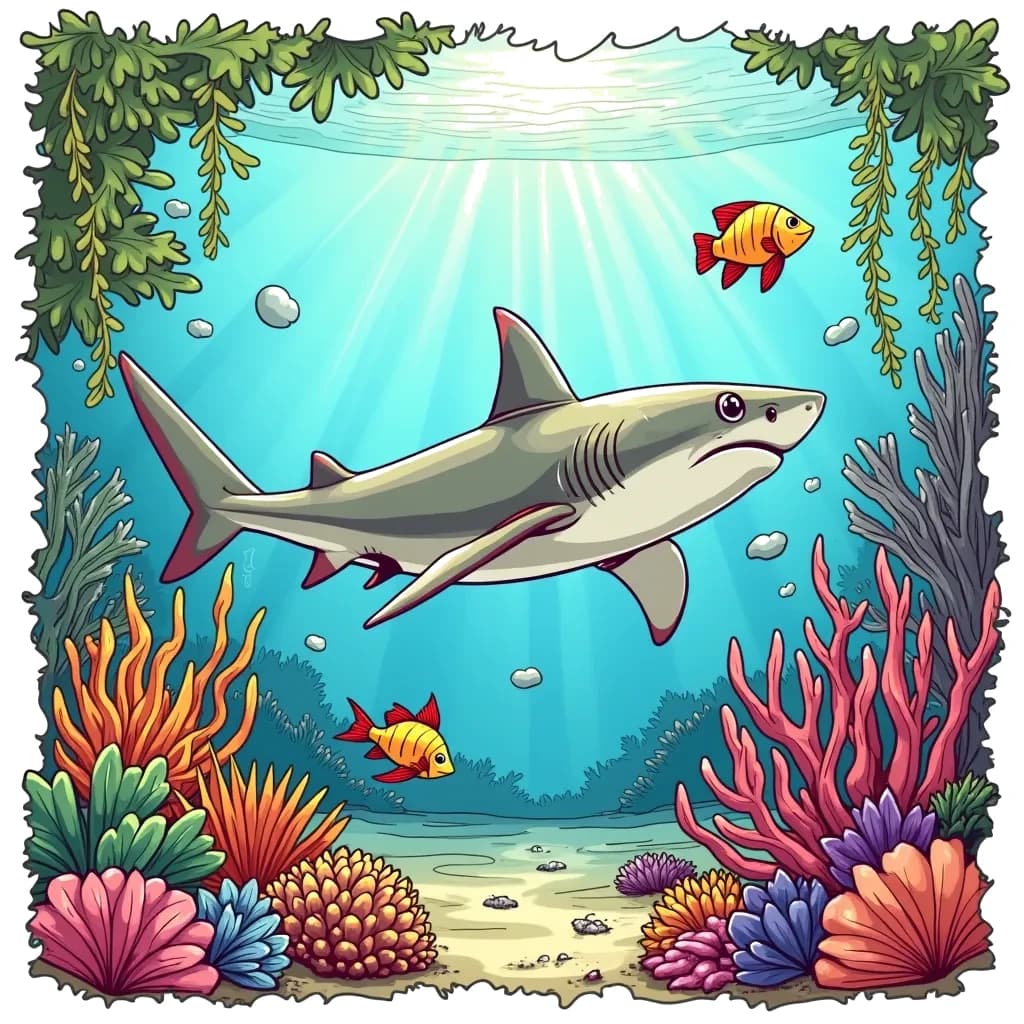 Coloring Page (colored): Shark in a Tropical Lagoon - A curious shark swims gracefully in a clear tropical lagoon, surrounded by colorful fish and coral. The sunlight filters through the water, creating a mesmerizing scene full of life and movement.