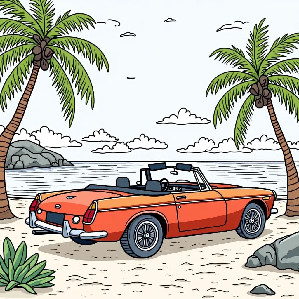 Coloring Page (colored): Tropical Beach Getaway - A convertible parked on a sandy beach, with palm trees swaying and colorful beach umbrellas dotting the shore.