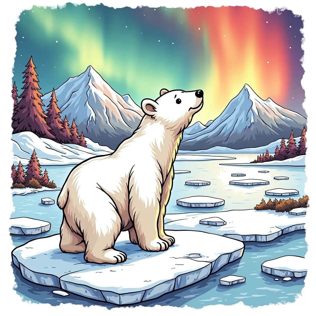 Coloring Page (colored): Polar Bear Adventure - A curious polar bear on an icy landscape, trying to catch a glimpse of shimmering northern lights in the night sky.