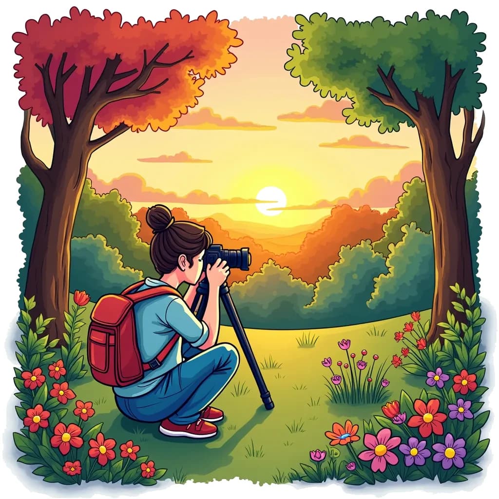 Coloring Page (colored): Photographer in the Park - A photographer is setting up their camera on a tripod, ready to take pictures of a beautiful sunset in the park, surrounded by trees and flowers.