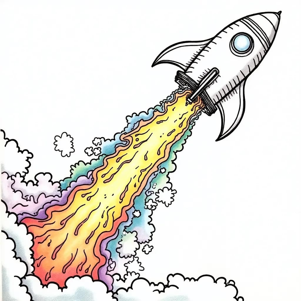 Coloring Page (colored): Space Odyssey - A rocket airplane leaving a colorful trail of stardust as it heads towards a glowing moon and twinkling stars in a deep blue night sky.