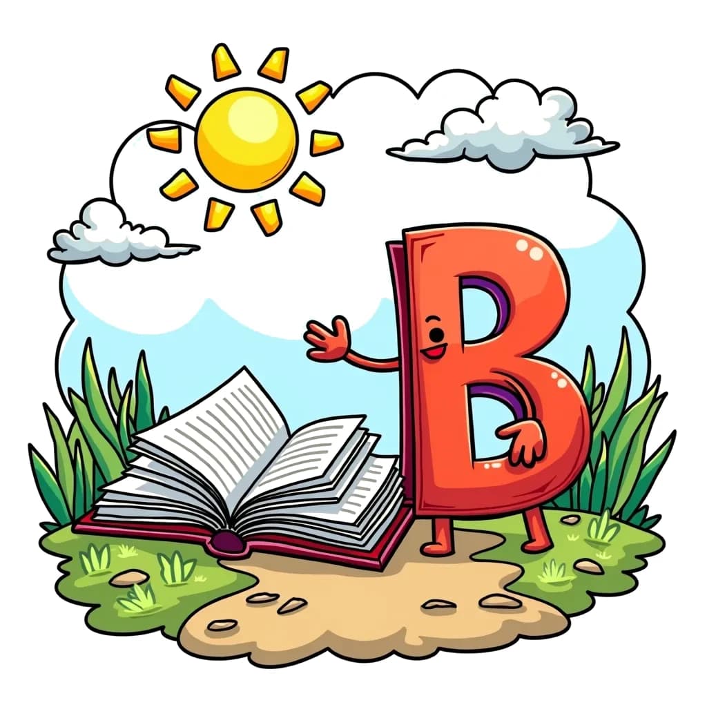 Coloring Page (colored): Letter B with a Book - A colorful letter B stands next to an open book, with pages fluttering in the wind. It's a bright day and the sun is shining.