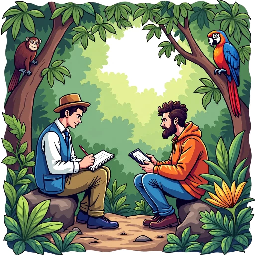 Coloring Page (colored): The Biologist in the Jungle - A biologist is observing exotic plants and animals in a lush jungle. They are taking notes while a curious monkey peeks from behind a tree.