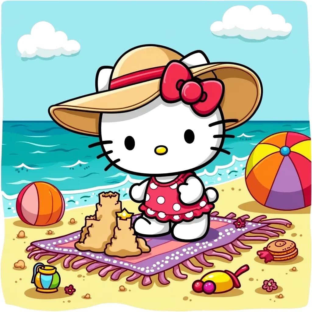 Coloring Page (colored): Hello Kitty at the Beach - Hello Kitty is building a sandcastle on a sunny beach. The sky is a bright blue with fluffy white clouds, and the sand is a warm golden yellow. Hello Kitty is wearing a pink swimsuit with cute polka dots and a wide-brimmed straw hat adorned with a colorful flower. The ocean waves are a sparkling turquoise, and there are beach balls and umbrellas in vibrant red, orange, and yellow scattered around. Nearby, a colorful beach blanket is spread out with snacks and drinks in cheerful pastel colors.