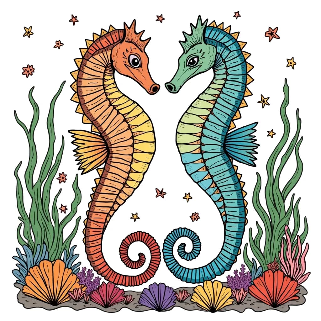 Coloring Page (colored): Seahorse Dance - A pair of graceful seahorses swimming gracefully among seaweed and colorful fish in a coral reef, creating a beautiful underwater dance.