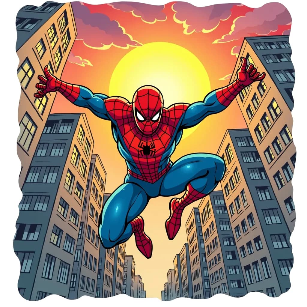 Coloring Page (colored): Web-Slinger in Action - A superhero swinging through the city on a web, with tall buildings in the background and a sunset sky, showcasing agility and grace.