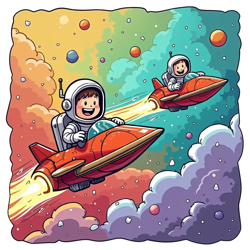 Coloring Page (colored): Galactic Race - Two spaceships race against each other through a colorful nebula. An astronaut in one ship is laughing with glee while the pilot in the second ship is focused on winning the race.