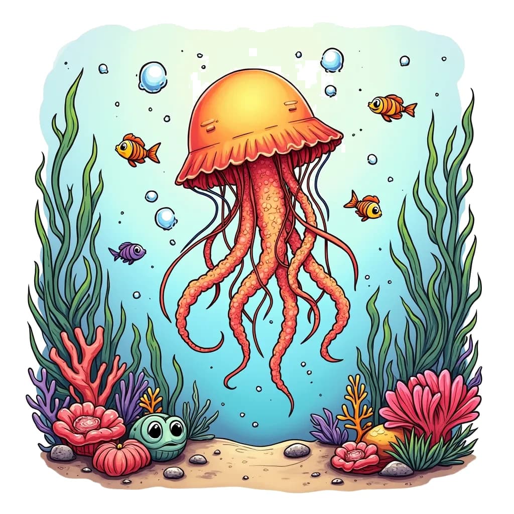 Coloring Page (colored): Jellyfish in the Ocean - A jellyfish floats gracefully through the ocean waters, surrounded by colorful fish and corals. Bubbles emerge from the jellyfish, creating a magical underwater scene.