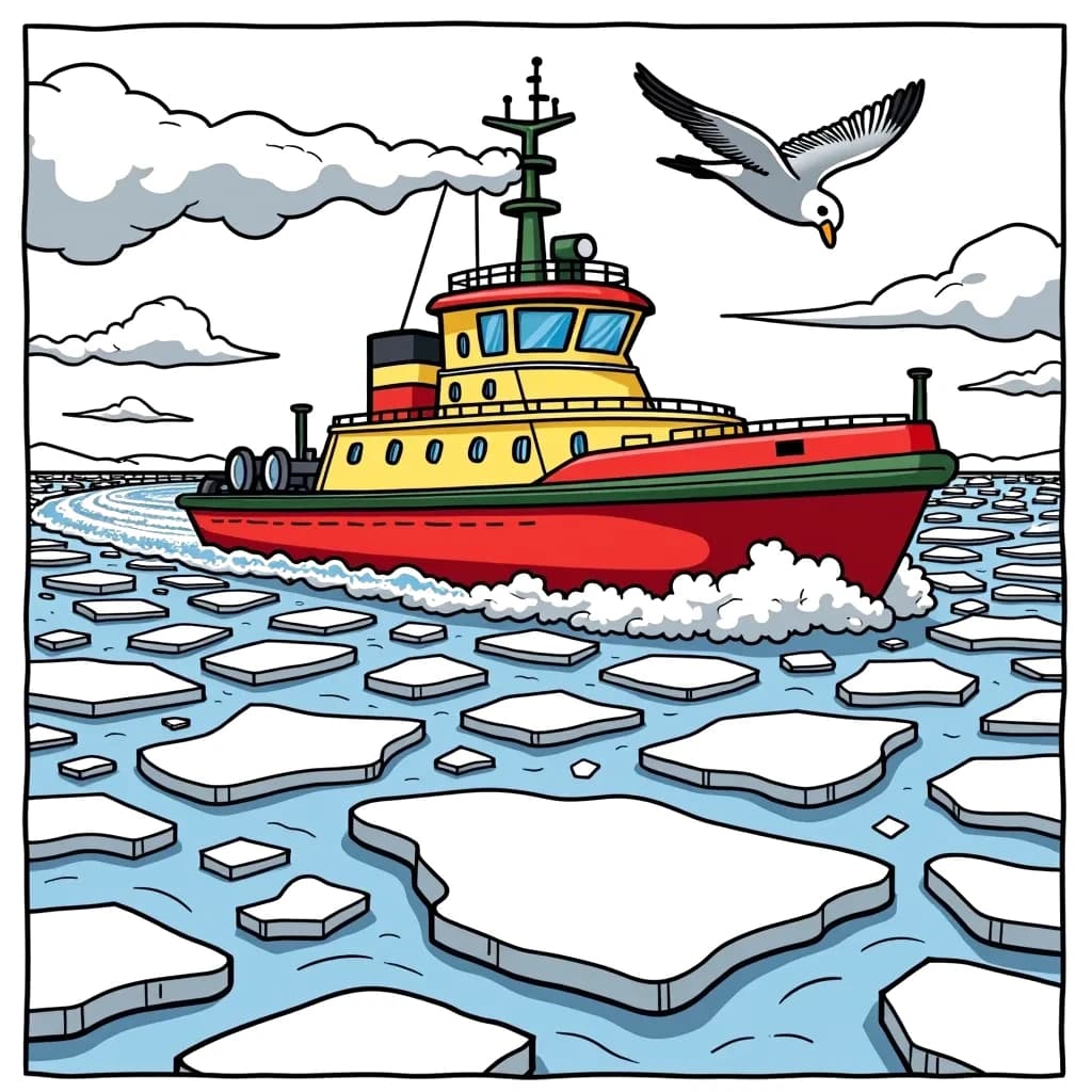 Coloring Page (colored): Icebreaker Journey - An icebreaker ship plowing through thick ice, with a seagull soaring above. The ship's powerful engine creates waves, and the surrounding icy sea glimmers under the sun.