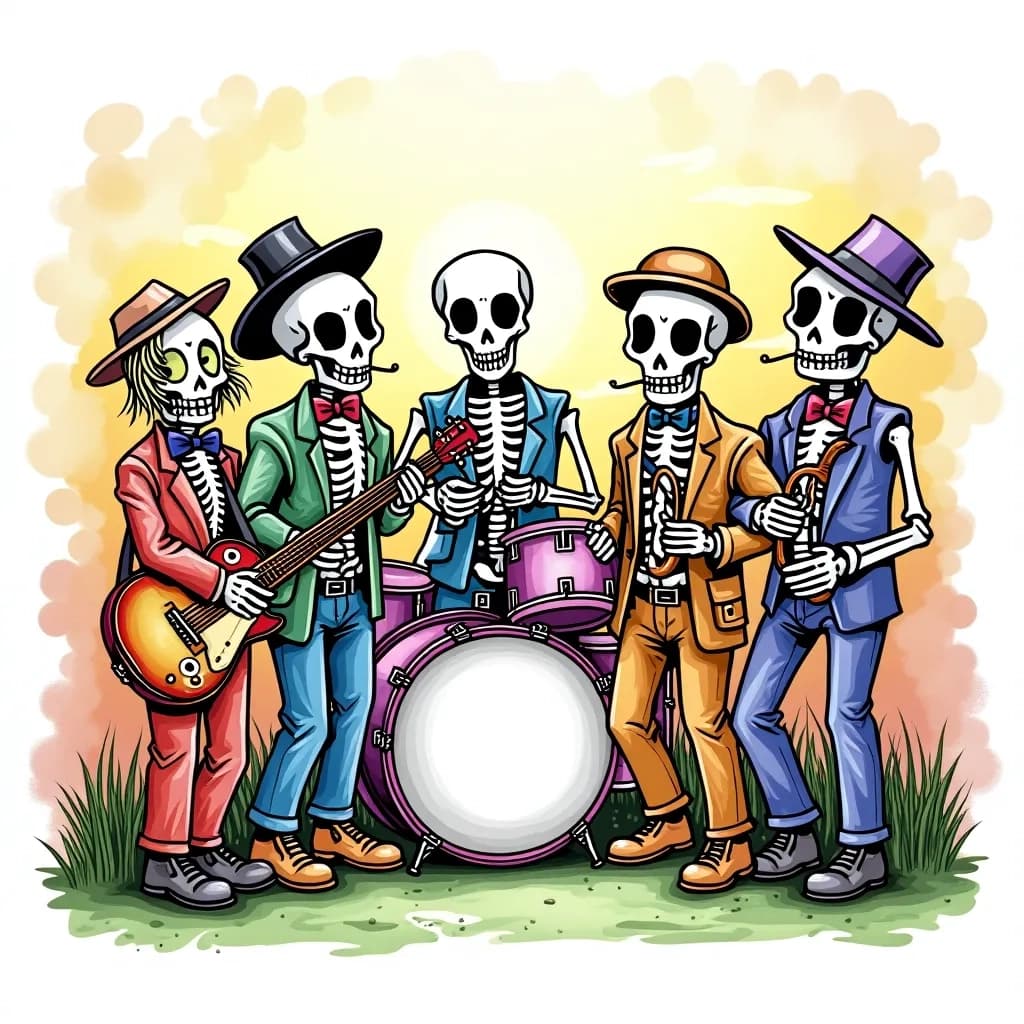 Coloring Page (colored): Skeleton Band - A lively band of skeletons playing musical instruments in a graveyard at night. The band is colorful with accessories like hats and scarves, surrounded by flickering lanterns and spooky trees, under a starry sky.