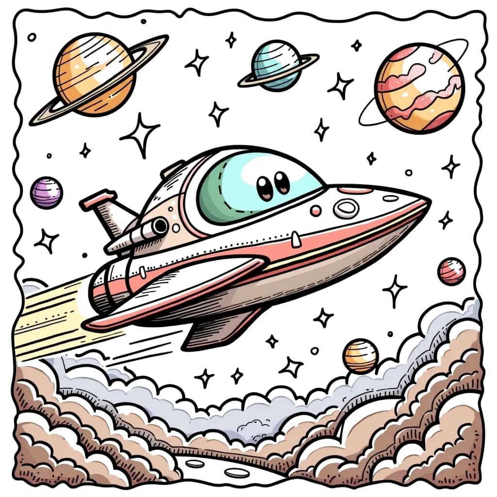 Coloring Page (colored): Spaceship Among the Stars - A sleek spaceship zooms through a field of colorful planets and sparkling stars. The spaceship has a friendly face and is on a mission to explore the galaxy. Various planets of different sizes and colors surround it.