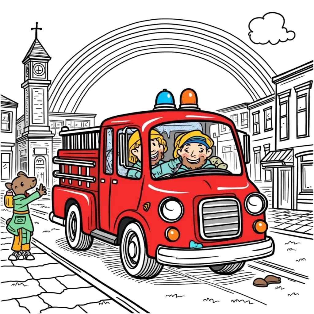 Coloring Page (colored): Fire Engine Adventure - A bright red fire engine zooms down a street, with firefighters waving from the windows and a dog barking happily at the side. In the background, a rainbow arches over a bustling town.