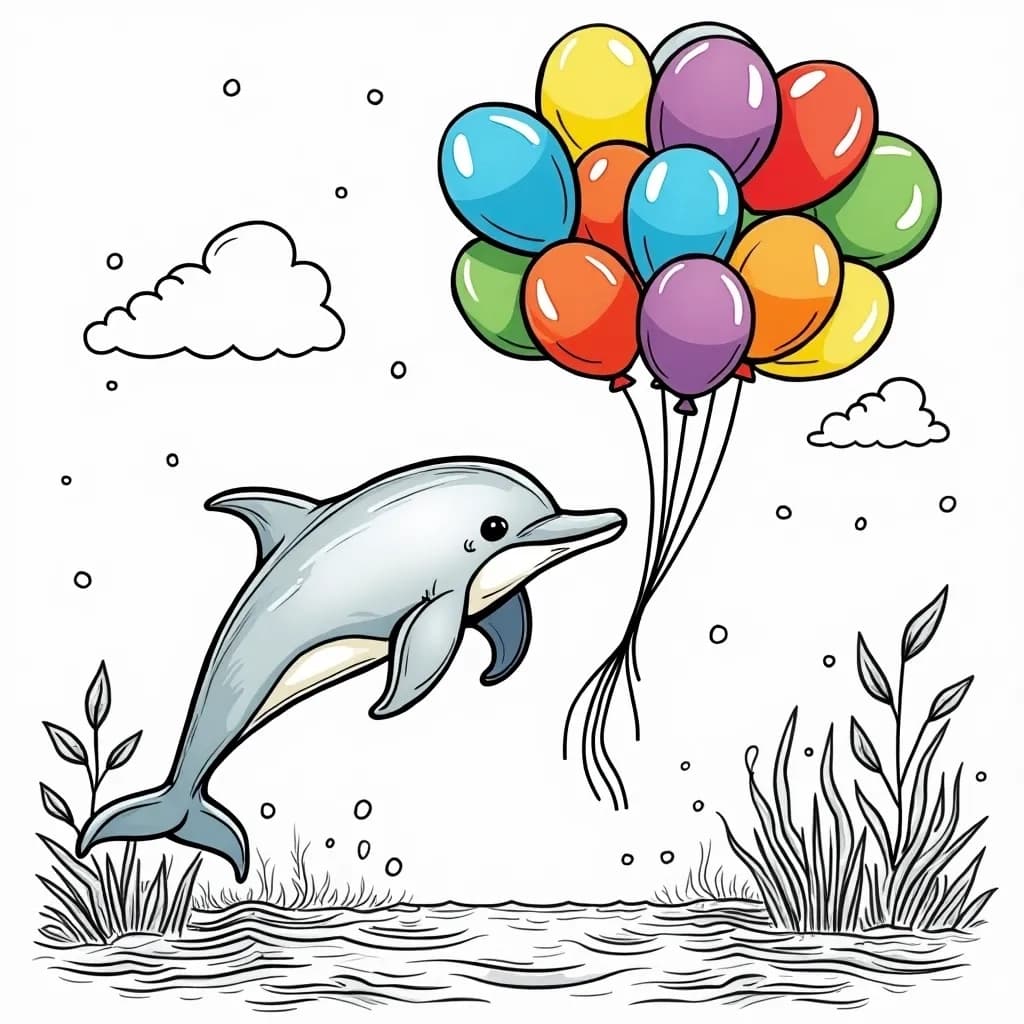 Coloring Page (colored): Dolphin Playing with Balloons - A whimsical dolphin popping colorful balloons floating on the surface, with bright splashes of color against the deep blue sea.