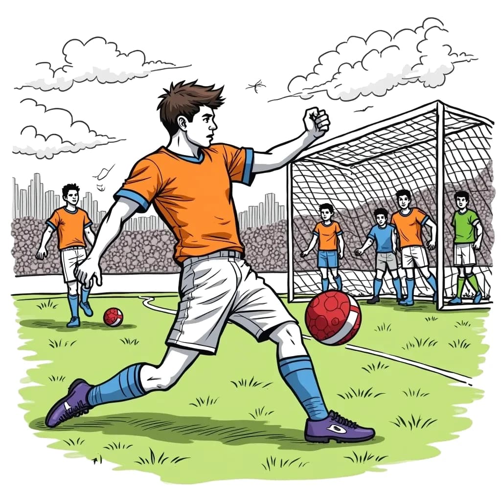 Coloring Page (colored): Football Player Kicking a Ball - A determined football player is in mid-kick on a grassy field, aiming for the goal post in the background. Spectators cheer from the sidelines.