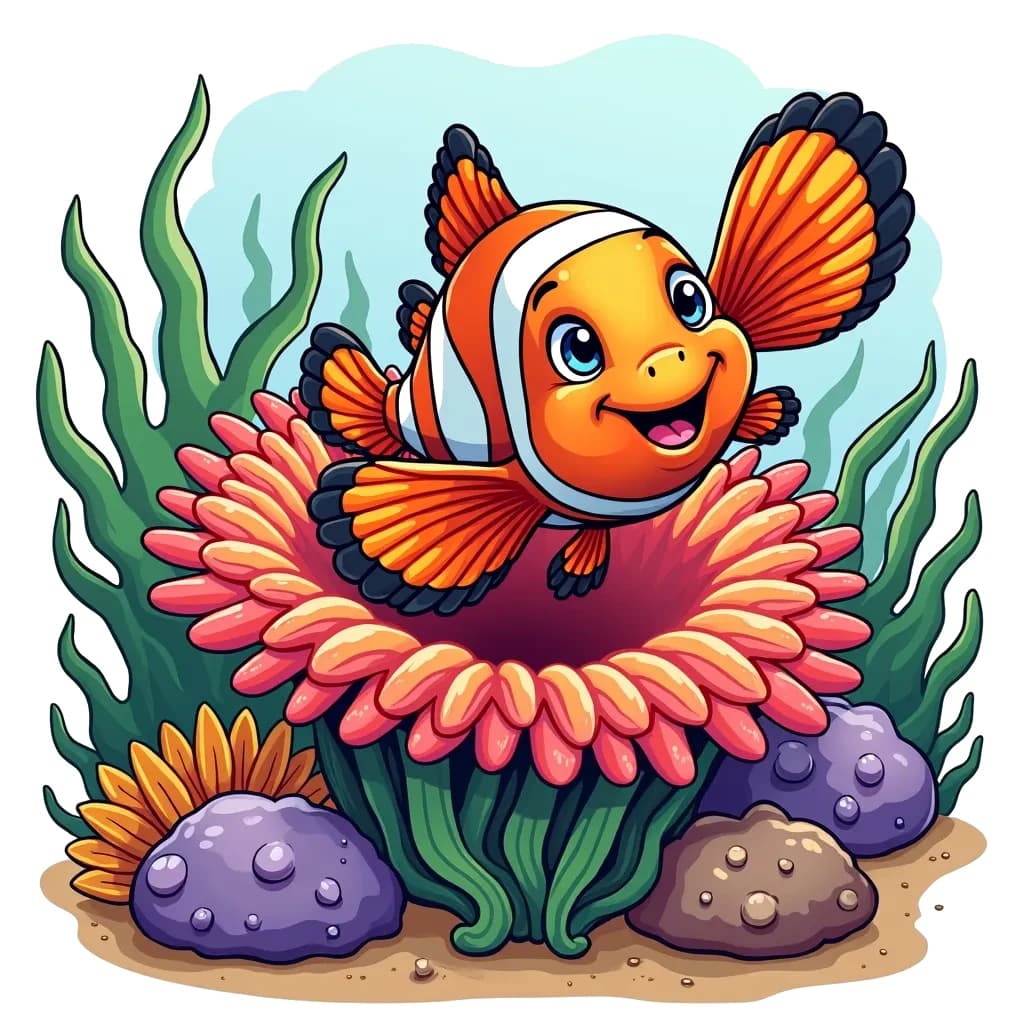 Coloring Page (colored): Clownfish and Sea Anemone - A cheerful clownfish playfully darting in and out of a sea anemone, showcasing the vibrant colors of both the fish and the anemone.