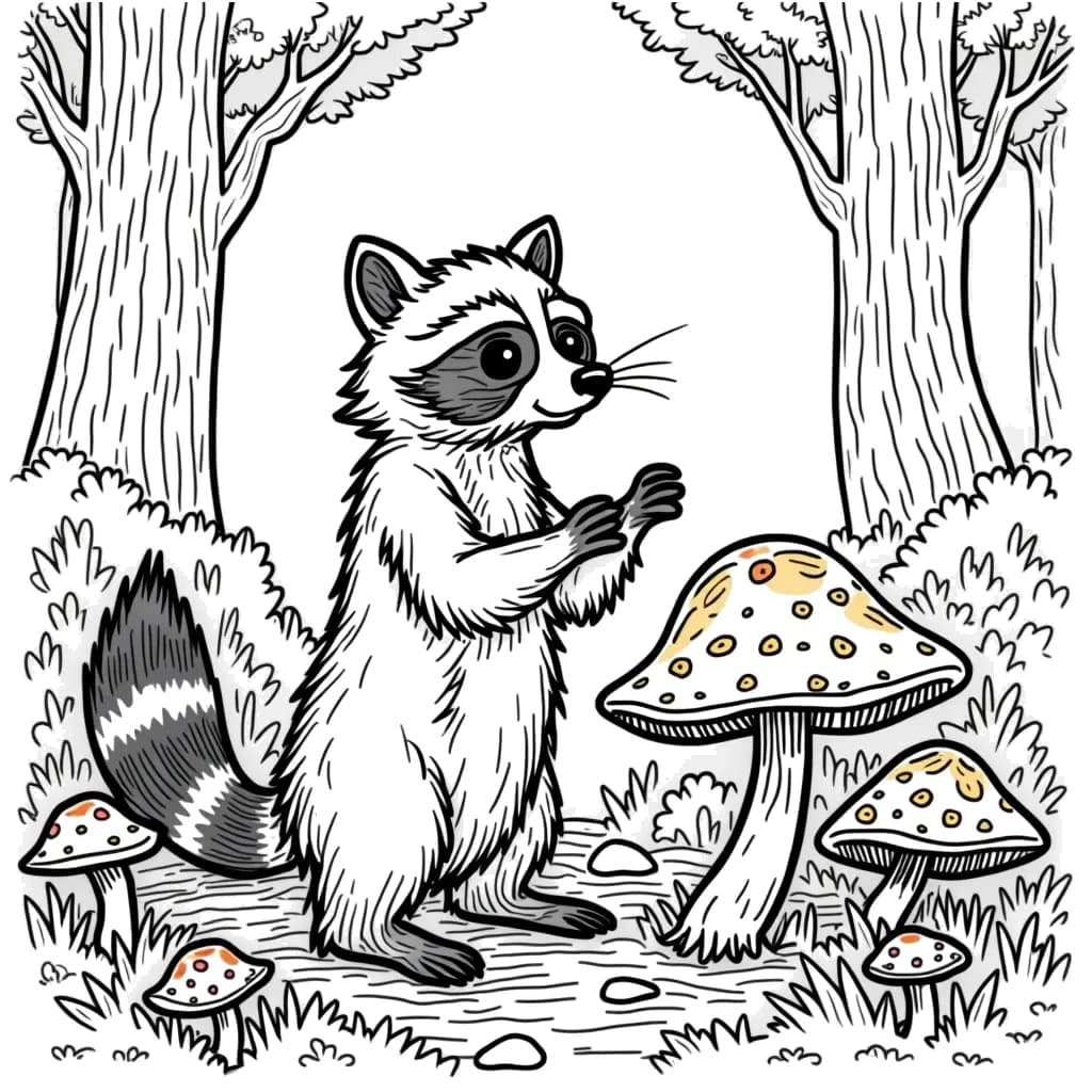 Coloring Page (colored): Raccoon in a Forest - A raccoon stands on its hind legs, curiously looking at a cluster of mushrooms in the forest. Tall trees and bushes can be seen around it.