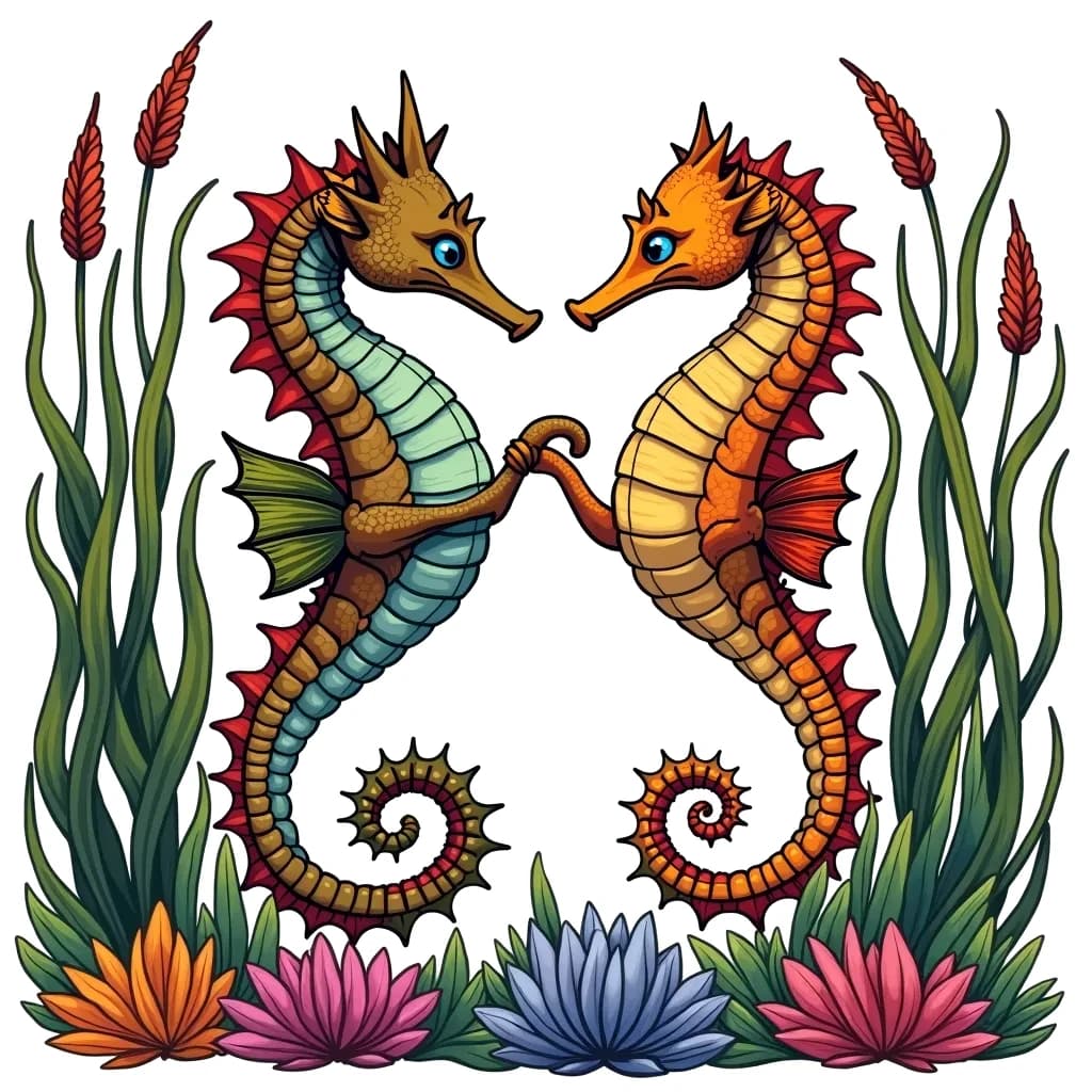 Coloring Page (colored): Seahorse Ballet - Two elegant seahorses perform a graceful dance among swaying seagrasses, creating a beautiful underwater ballet.