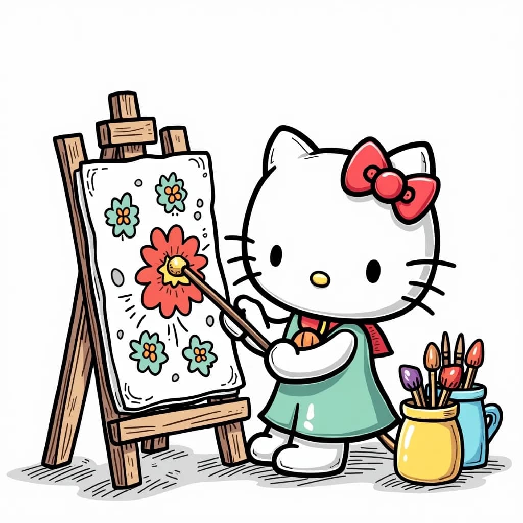 Coloring Page (colored): Hello Kitty Painting Art - Hello Kitty sitting at an easel, painting a bright and whimsical landscape, surrounded by splashes of color and art supplies.