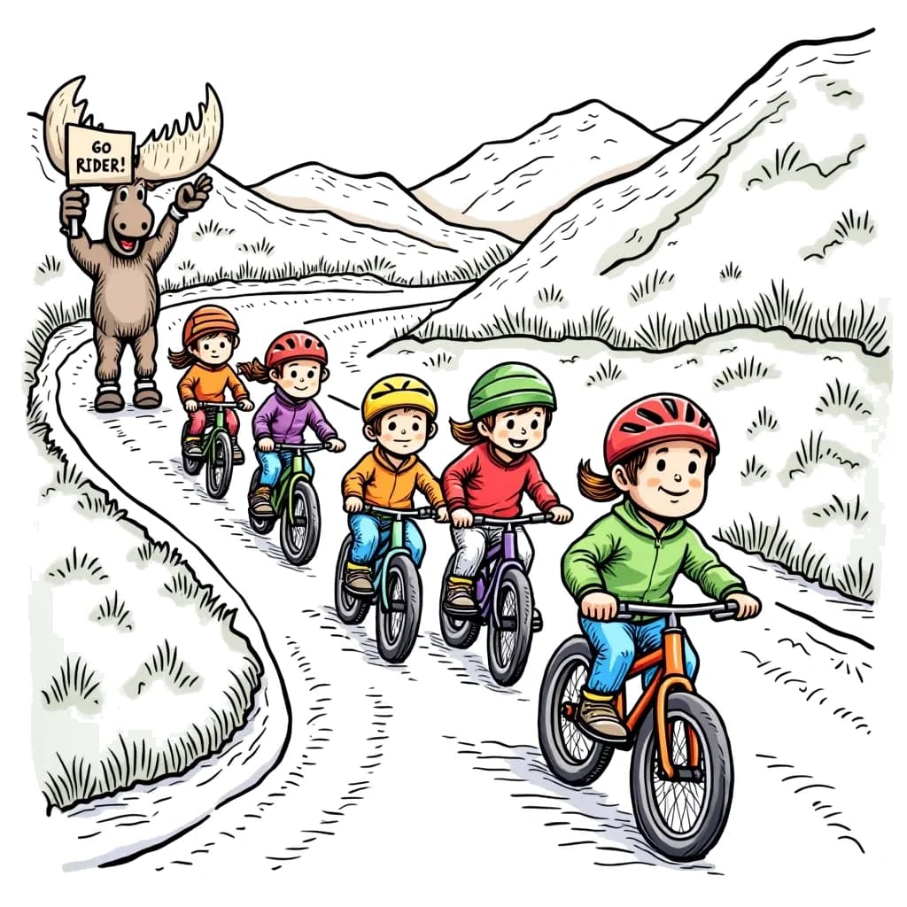 Coloring Page (colored): Bicycle Race Day - A group of children in colorful outfits ride bicycles down a winding road, with a moose cheering them on from the sidelines, holding a ‘Go Riders!’ sign.