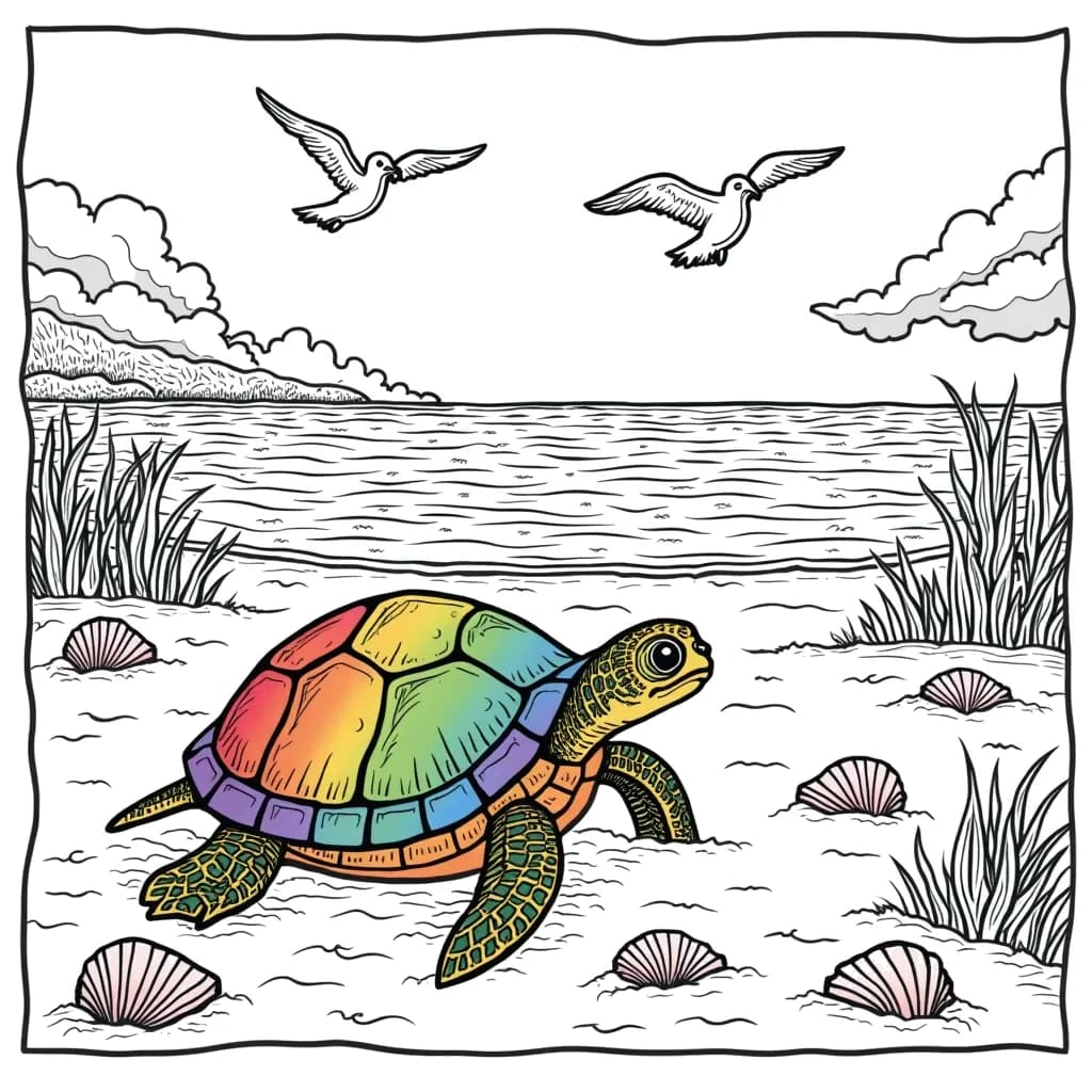 Coloring Page (colored): Turtle on the Beach - A curious turtle is making its way across a sandy beach, heading towards the shimmering ocean, with seagulls flying overhead and seashells scattered around.