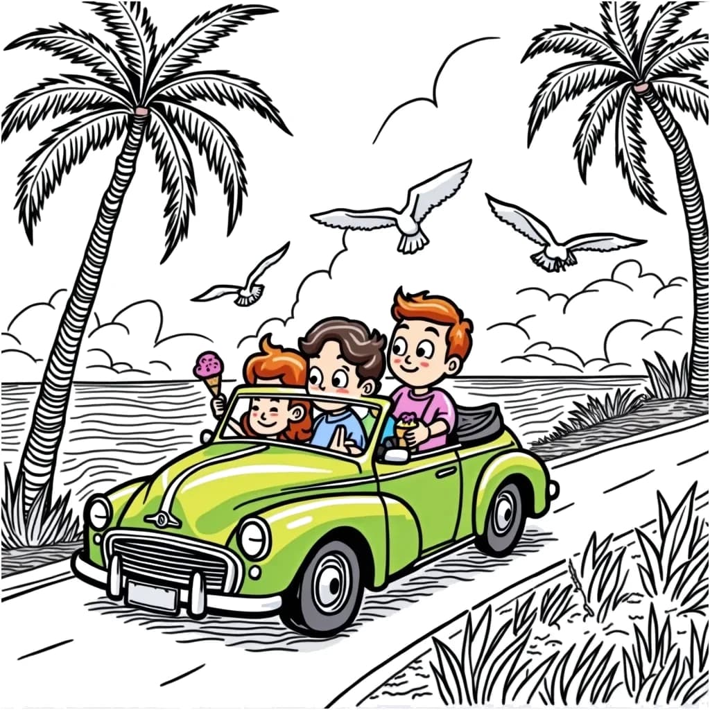 Coloring Page (colored): Convertible Road Trip - A brightly colored convertible driving along a coastal highway. There are palm trees swaying in the breeze, and a group of cheerful seagulls flying above. Inside the car, a family is enjoying their road trip with ice cream cones.