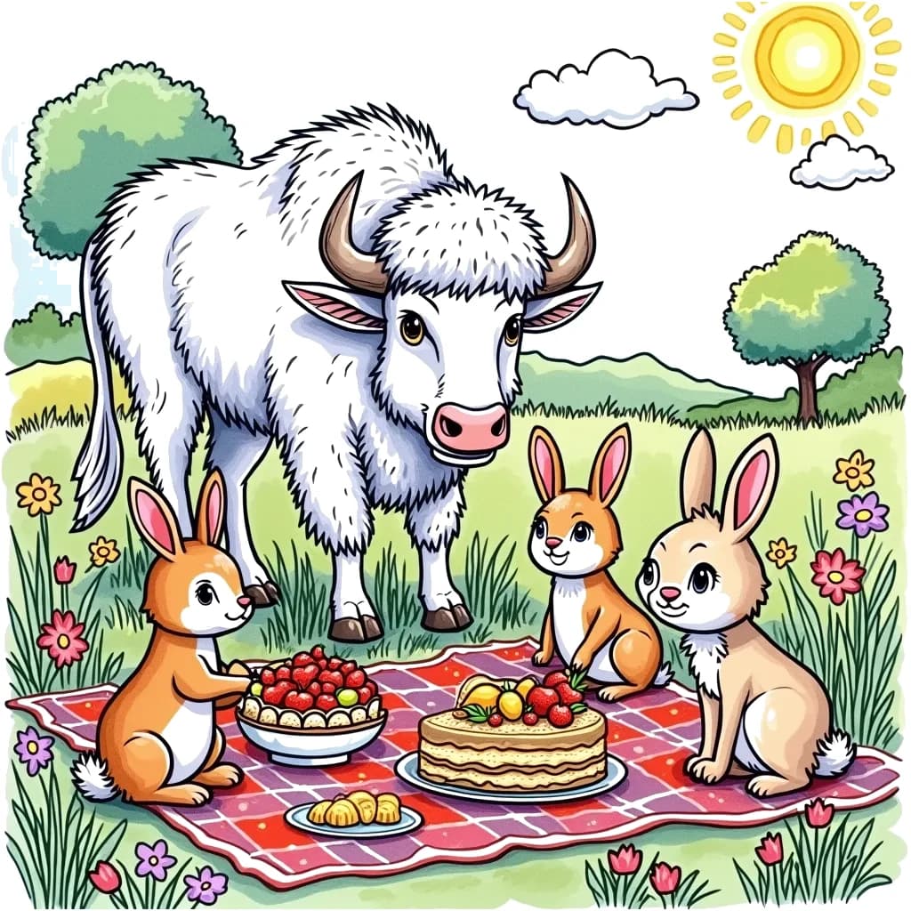 Coloring Page (colored): Buffalo Picnic - A big, fluffy buffalo hosts a picnic in a sunny meadow filled with flowers. All the woodland animals, including playful rabbits and curious deer, gather around, enjoying a feast of fruits and cakes.