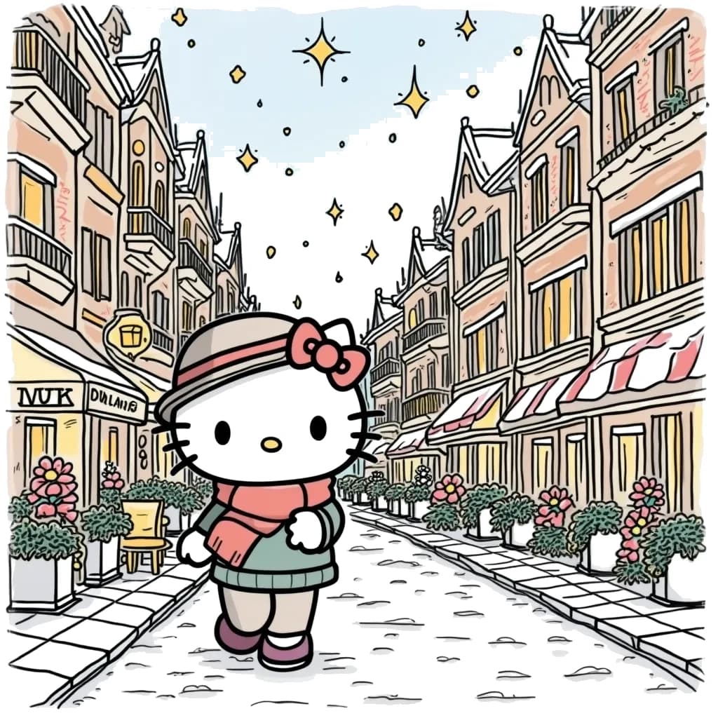 Coloring Page (colored): Hello Kitty's Evening City Stroll - A charming night scene of Hello Kitty walking through a beautifully lit city. She is wearing a cute hat and scarf, admiring the city lights and decorations. The streets are lined with cafes, and there are twinkling stars in the sky above.