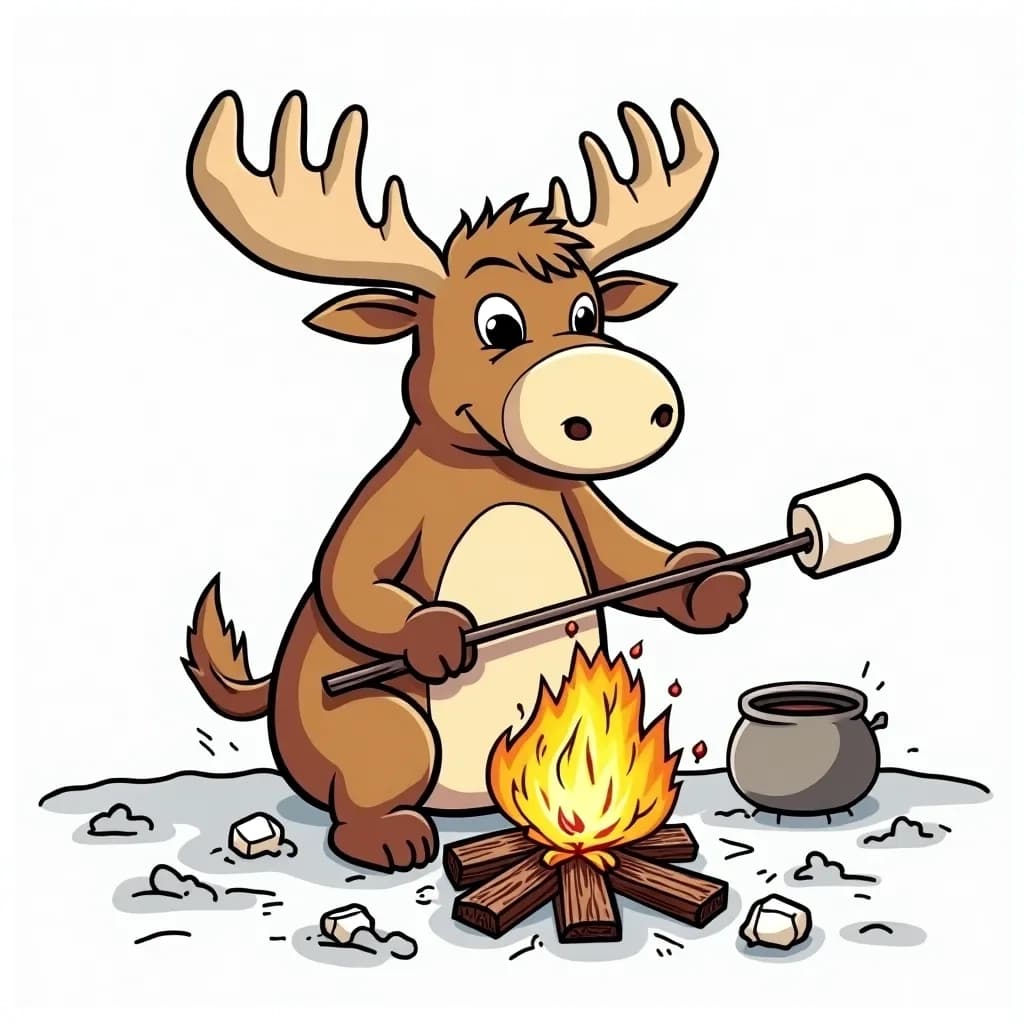 Coloring Page (colored): Moose Marshmallow Treats - A cute moose roasting marshmallows over a small fire, with mushrooms around the clearing, their caps colored like marshmallows in pink, white, and brown.