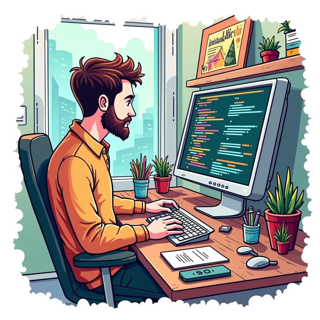 Coloring Page (colored): Computer Scientist at Work - A computer scientist immersed in coding on a futuristic computer. The screen displays colorful lines of code, while gadgets and tools are scattered around the workspace.