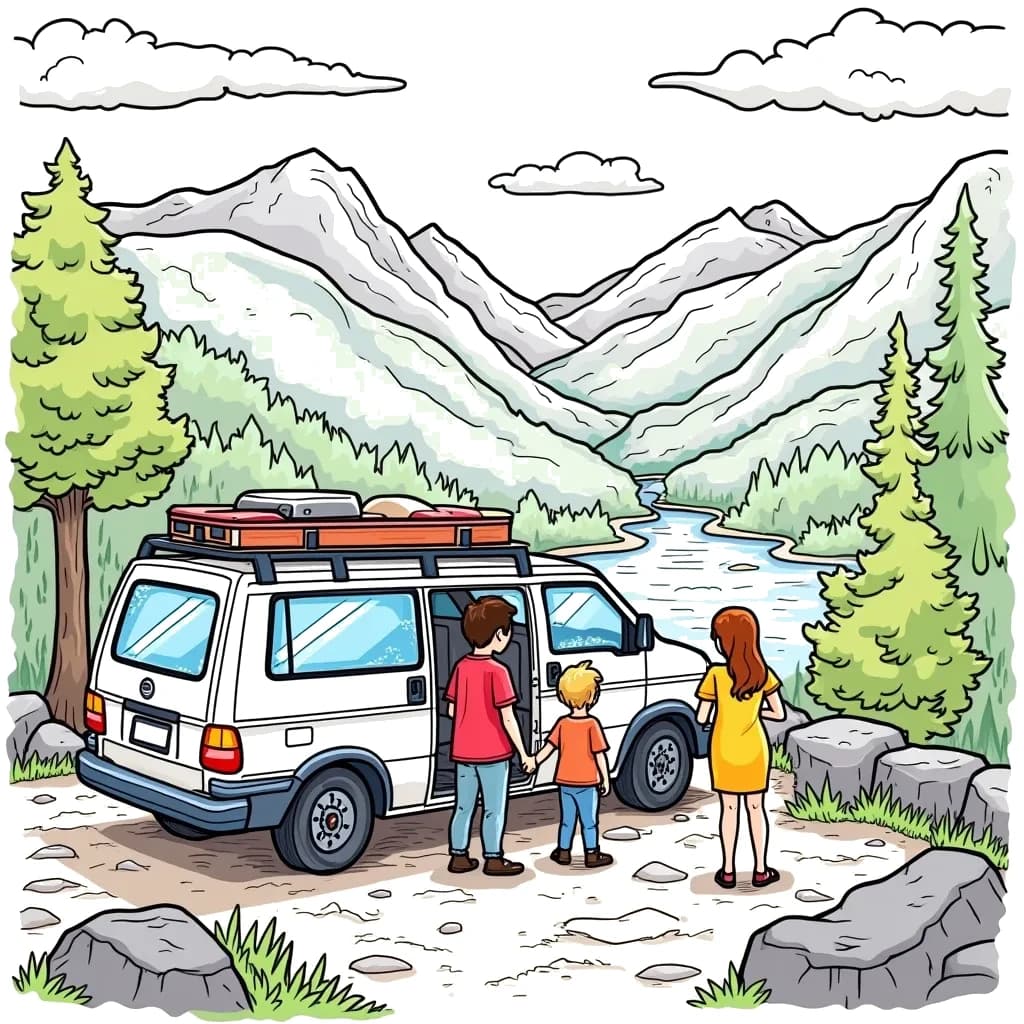 Coloring Page (colored): Minivan Family Trip - A minivan is parked at a scenic overlook, with a family getting out to enjoy the view of mountains and a river below.