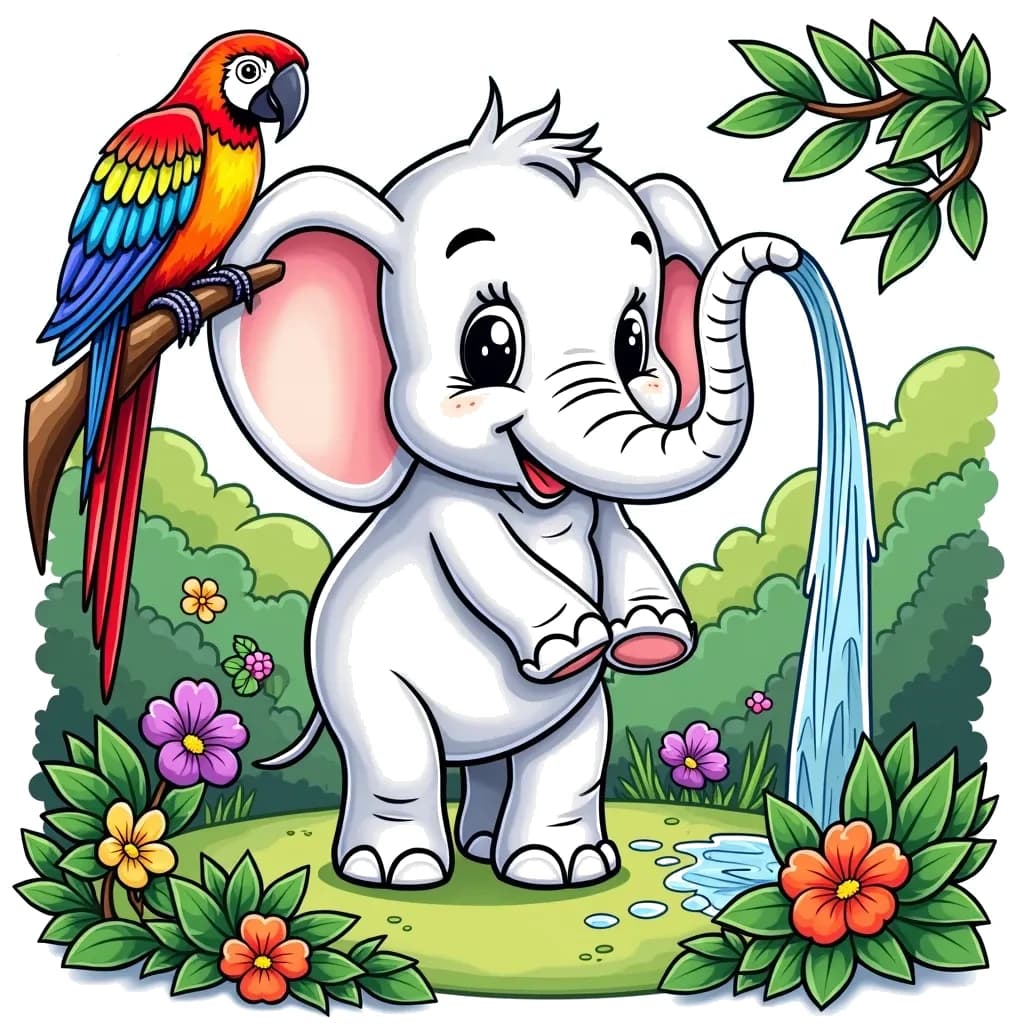 Coloring Page (colored): Elephant's Water Splash - A playful elephant spraying water from its trunk, surrounded by lush greenery. A colorful parrot is perched on a nearby branch watching the fun.