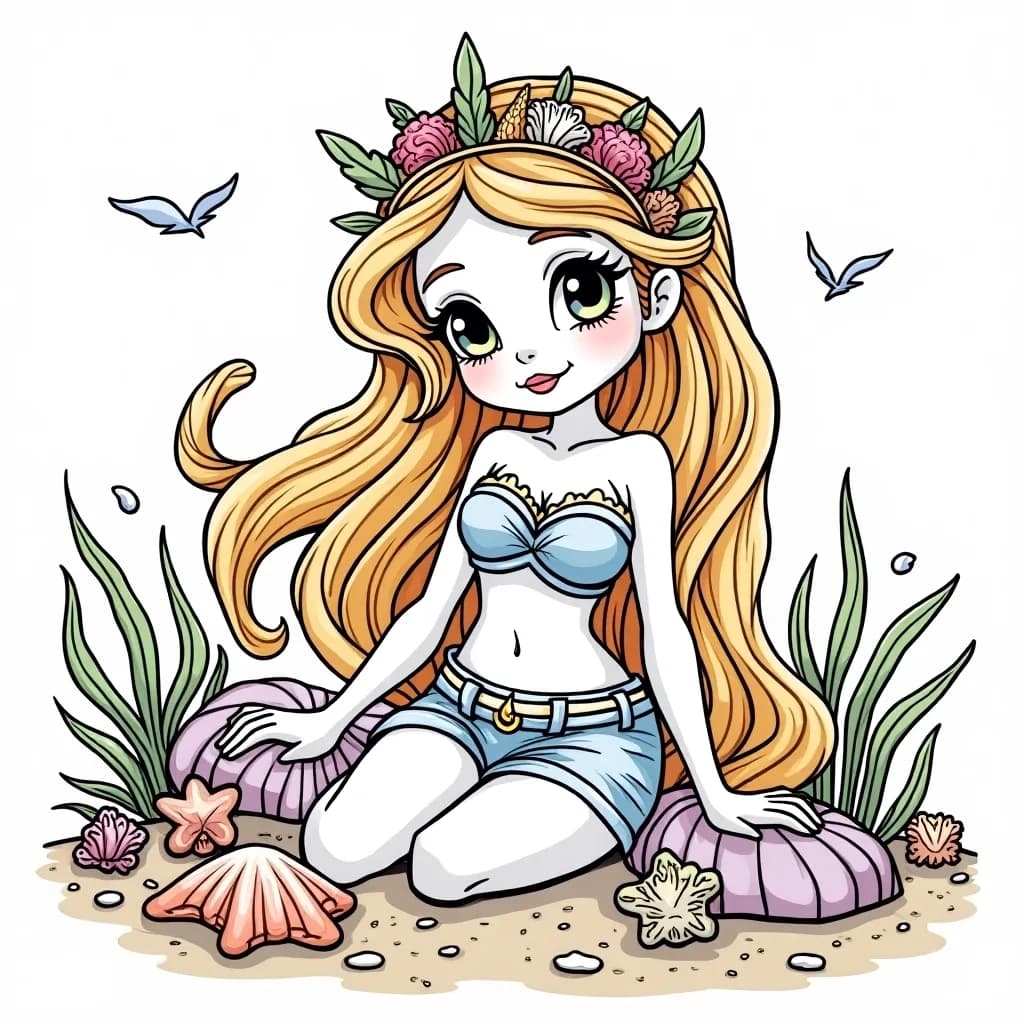 Coloring Page (colored): Seaside Princess - A beachy princess with seashell accessories, relaxing on the shore with gentle waves lapping at her toes and a bright sun shining above.