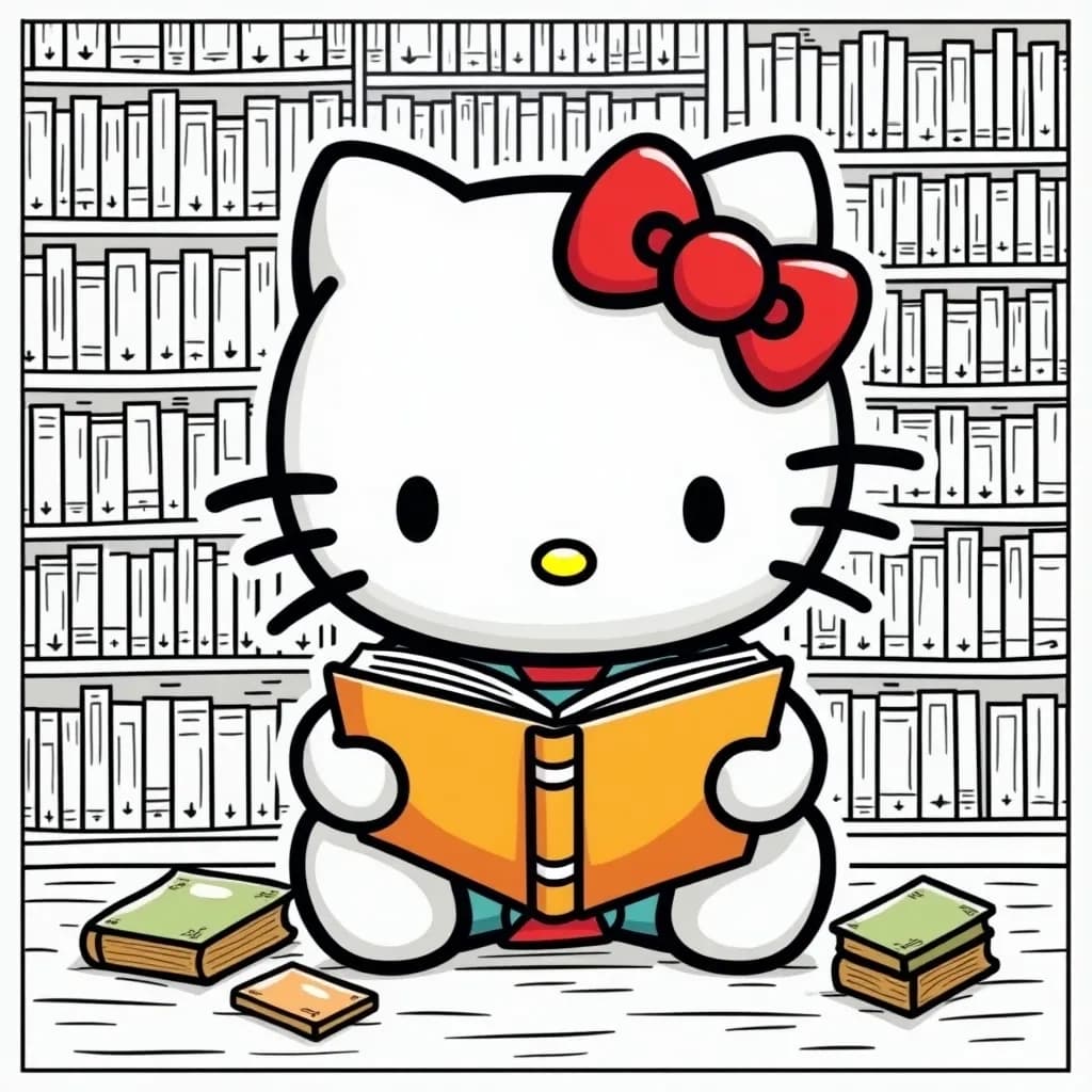 Coloring Page (colored): Hello Kitty in Library - Hello Kitty reading a giant storybook in a cozy library, with colorful bookshelves filled with vibrant book covers and a bright reading lamp.