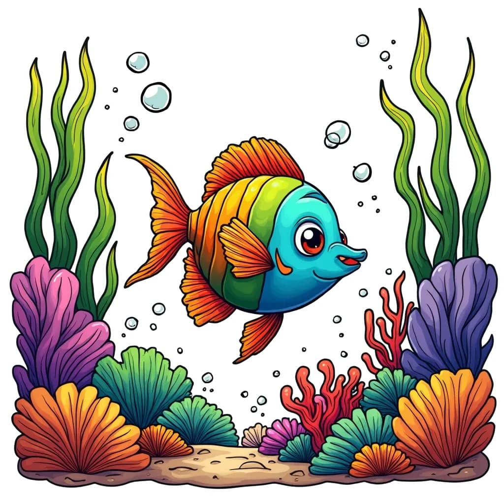 Coloring Page (colored): A Fish's Underwater Dance - A colorful fish swimming gracefully through a coral reef, surrounded by vibrant marine life and seaweed. Bubbles trail behind him as he glides among the coral and colorful sea creatures, bringing the underwater world to life.