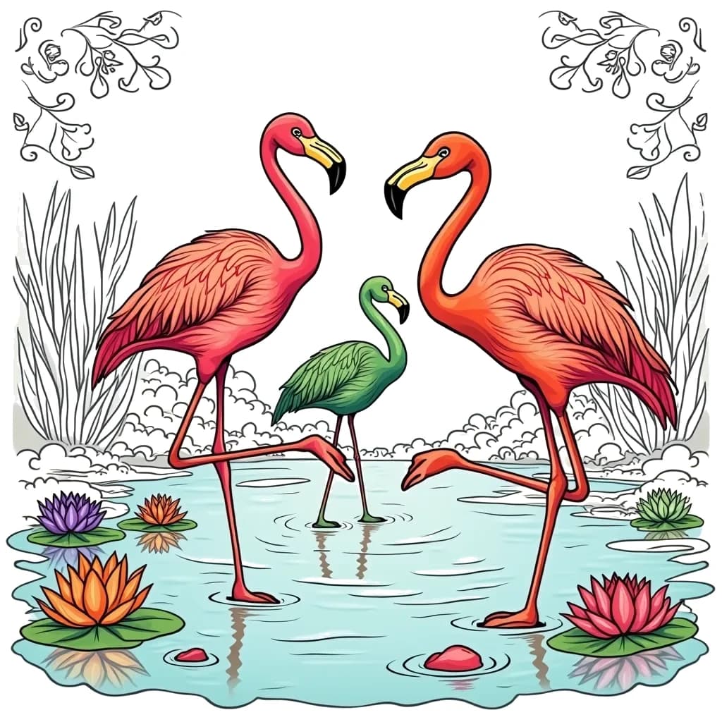 Coloring Page (colored): Flamingo Yoga Day - A group of flamingos practicing yoga poses in a serene pond setting, balancing on one leg. Colorful lotus flowers float around them and a gentle breeze ripples the water.