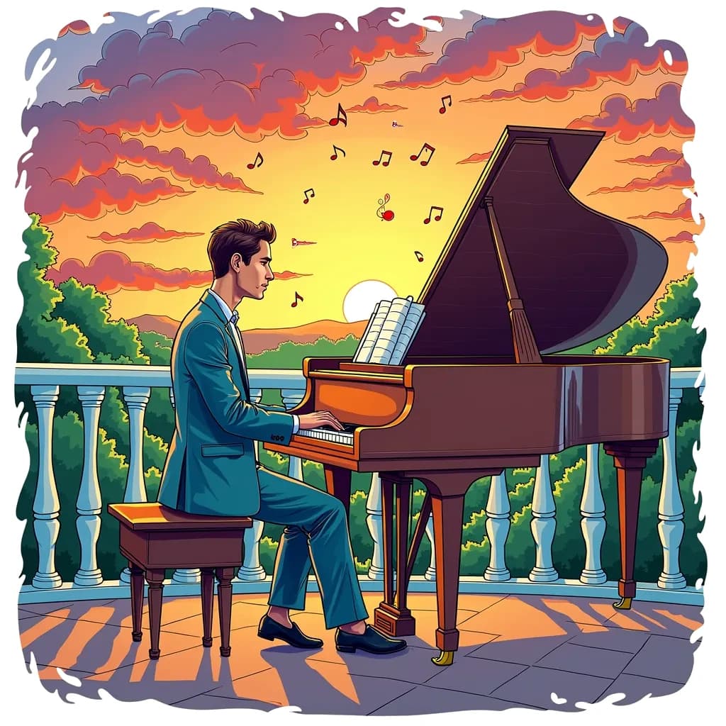 Coloring Page (colored): Piano at Dusk - A classical pianist elegantly playing a grand piano on a balcony during sunset. The sky is filled with vibrant colors, and musical notes float in the air around him.