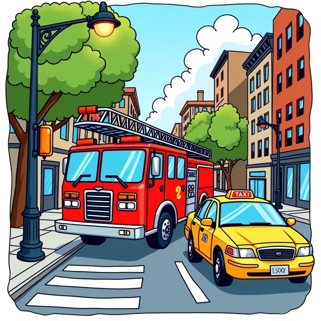 Coloring Page (colored): A Busy Intersection - Illustrate a bustling city intersection where a bright red fire engine is responding to an emergency with its sirens blaring, while a yellow taxi cab waits at a stoplight, curious about the action.