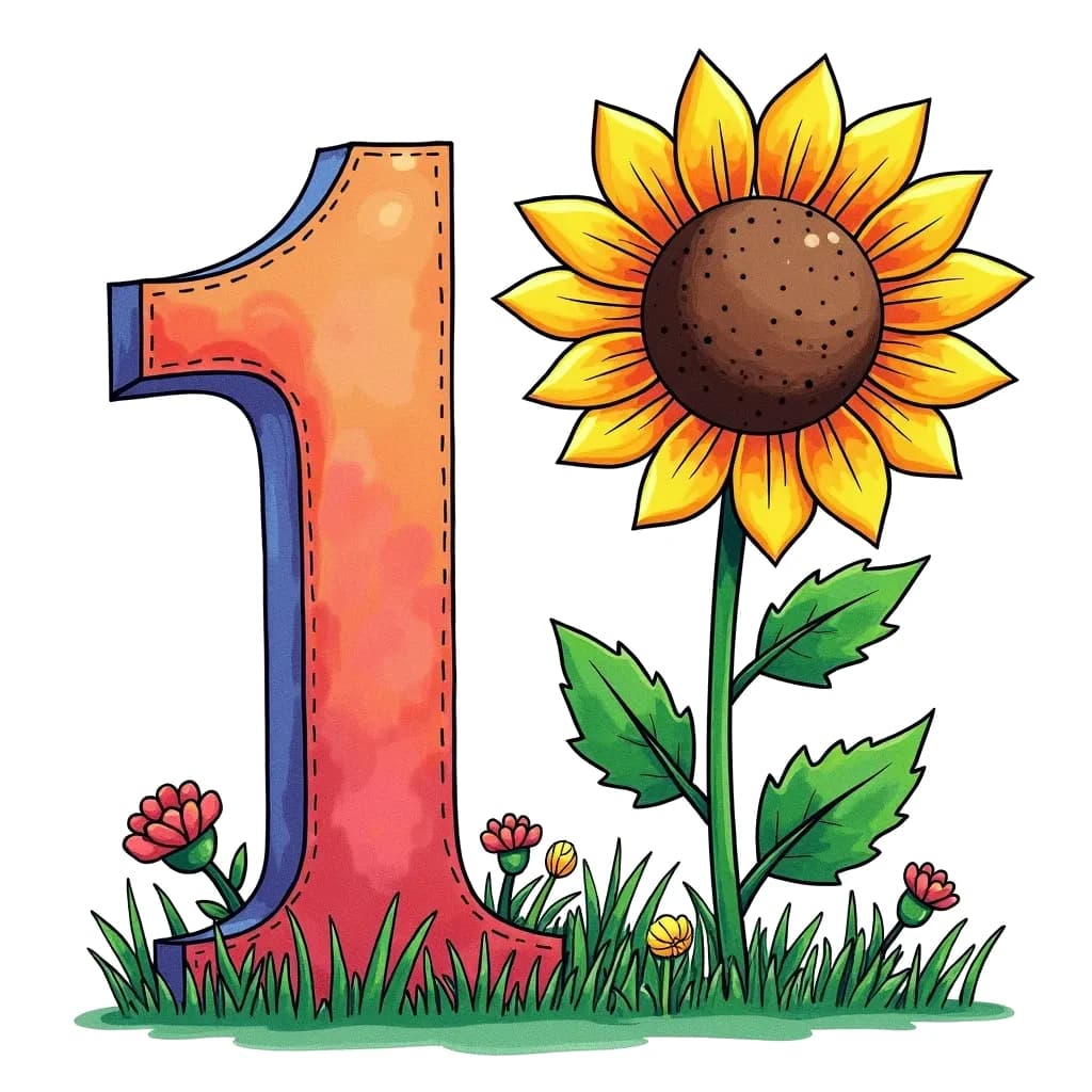 Coloring Page (colored): Number 1 with a Sunflower - Draw the number 1 accompanied by 1 vibrant sunflower standing tall and proud next to the digit.