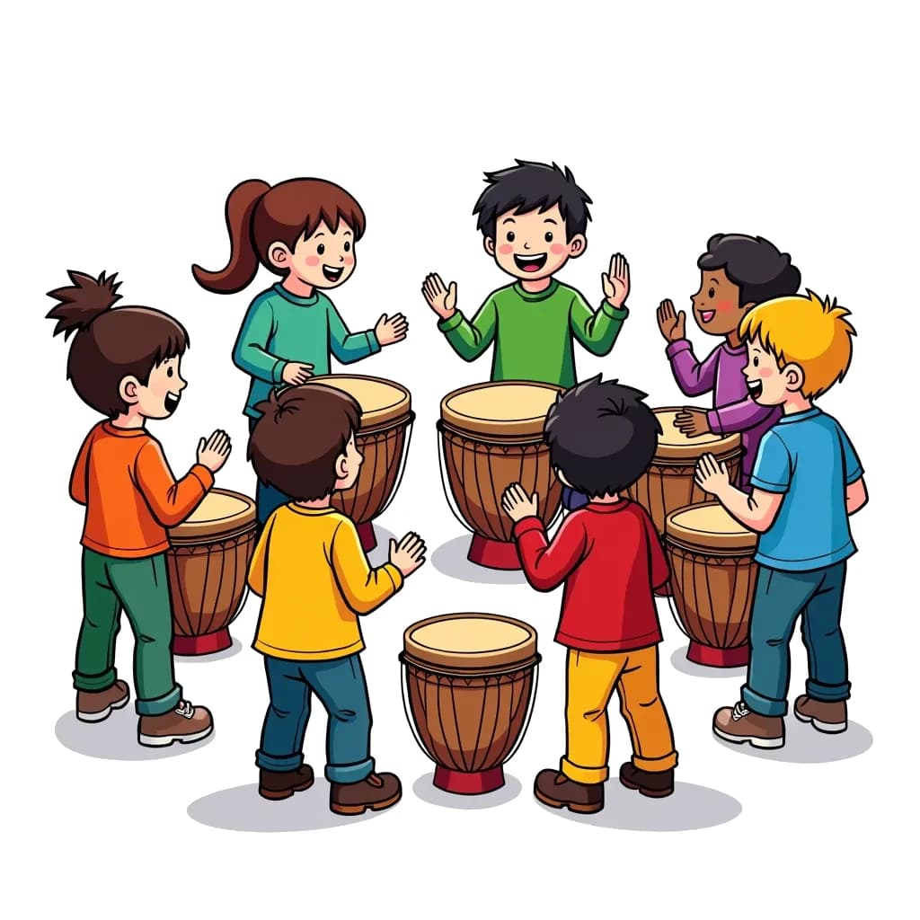 Coloring Page (colored): Drum Circle Fun - A group of children playing various drums in a circle, with one child leading the rhythm and everyone smiling and clapping along.