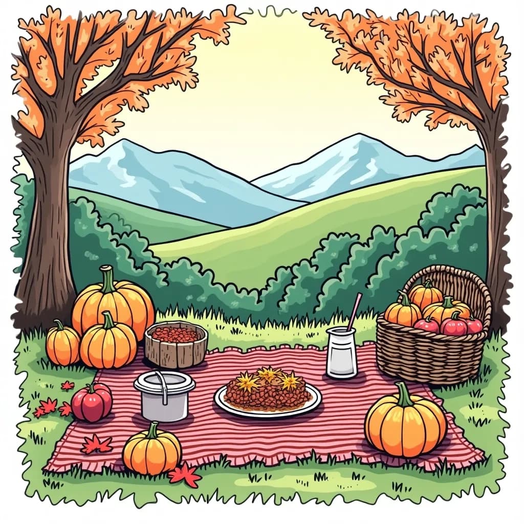 Coloring Page (colored): Autumn Picnic Vibes - A picturesque picnic setup with a blanket covered in seasonal treats like apples, cider, and pumpkin bread, nestled under a tree.