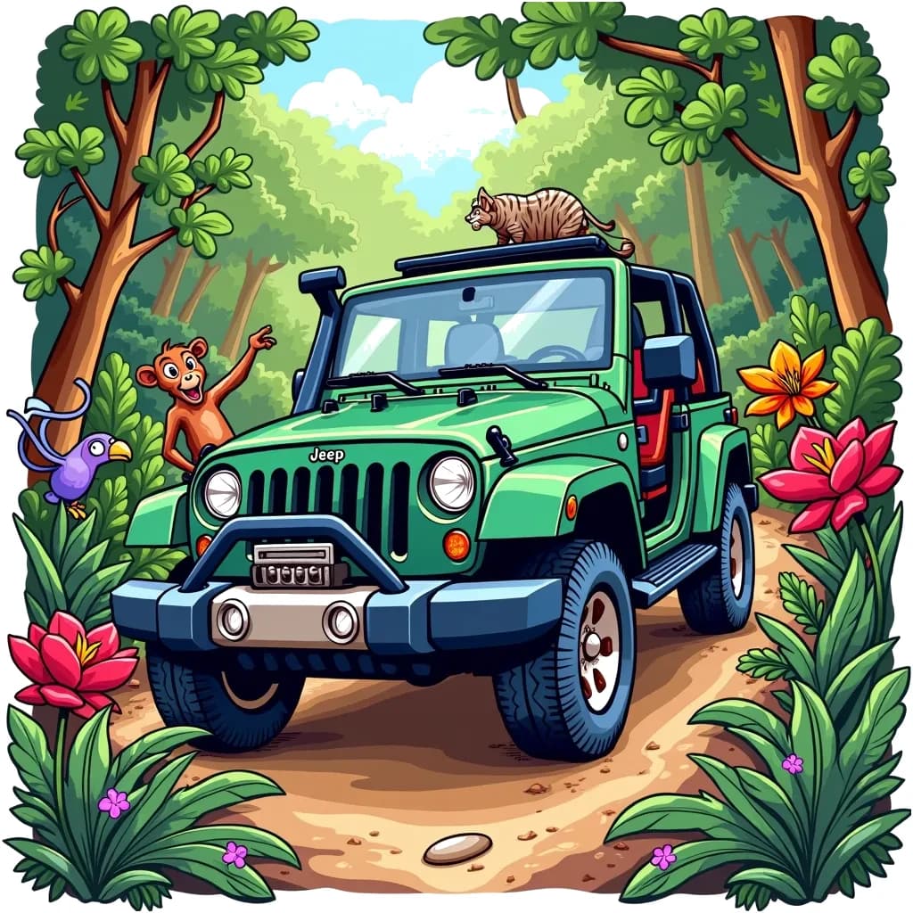 Coloring Page (colored): Jungle Jeep Adventure - A rugged jeep navigating through a dense jungle path, with vivid tropical plants and curious animals peeking through the foliage.