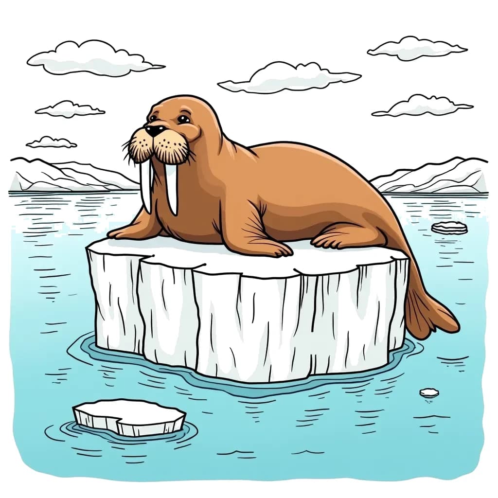 Coloring Page (colored): Walrus on an Iceberg - A walrus resting on an iceberg in the Arctic, surrounded by the ocean and distant ice floes.