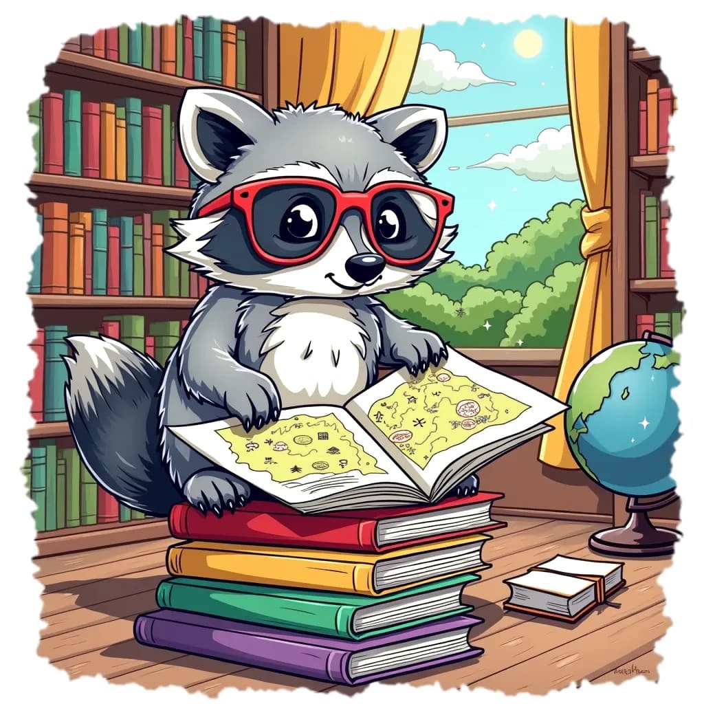 Coloring Page (colored): Raccoon in the Library - A curious raccoon wearing reading glasses, sitting on a stack of books in a cozy library, looking at a map of the stars while surrounded by bookshelves and a globe.