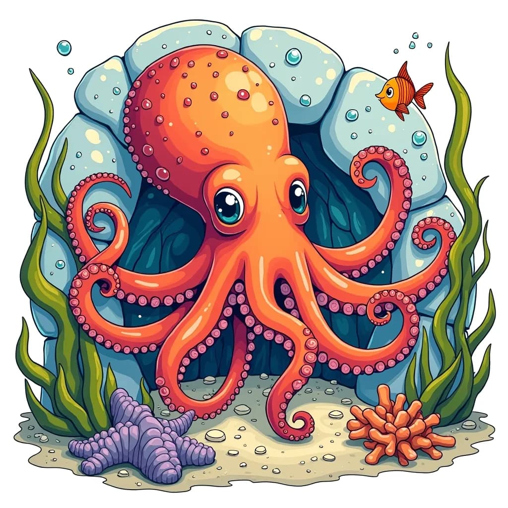 Coloring Page (colored): Octopus Hideout - An inquisitive octopus peeking out from its rocky den, its tentacles playfully exploring the surrounding seaweed. Tiny fish dart around, curious about their eight-armed neighbor.