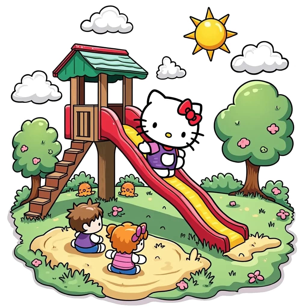 Coloring Page (colored): Hello Kitty on the Slide - Create a scene where Hello Kitty is sliding down a big, colorful slide. She is laughing joyfully as she reaches the bottom. Surround the slide with trees, a sandbox with children playing, and a bright sun shining in the sky.