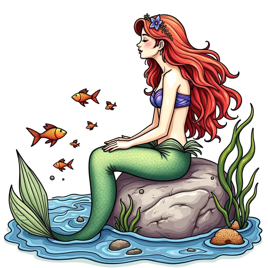 Coloring Page (colored): Mermaid's Lullaby - A serene mermaid sits on a rock, singing to the ocean. Her long hair flows with the water currents while small fish gather around her, enchanted by her voice.