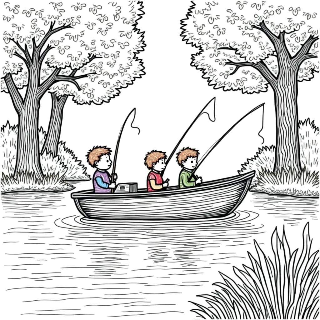 Coloring Page (colored): River Adventure - A fishing boat gently floating on a calm river, surrounded by tall trees. A couple of children are sitting in the boat, each holding a fishing rod, excitedly waiting for a catch. Sunlight filters through the leaves, creating dappled patterns on the water's surface.