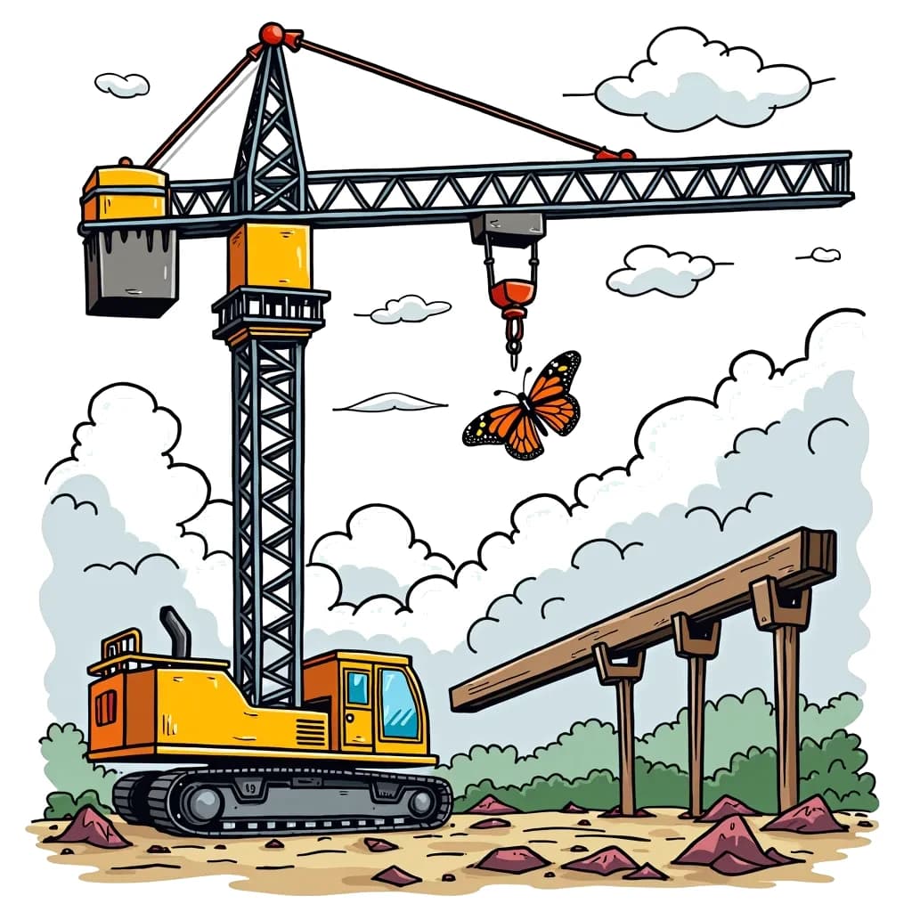 Coloring Page (colored): Cranes in the Sky - A tall crane is lifting a large beam into place on a construction site. A colorful butterfly is fluttering around the crane, adding a touch of nature to the scene.