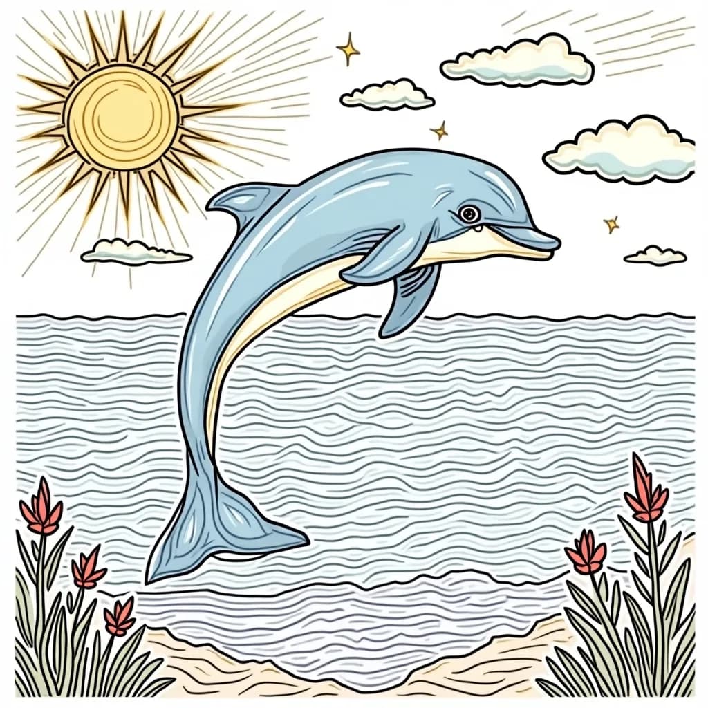 Coloring Page (colored): Dolphin Dancing in the Sun - A joyful dolphin jumping out of sparkling blue ocean waves, under a bright sunny sky with fluffy white clouds. The water splashes around with shades of turquoise and aqua.