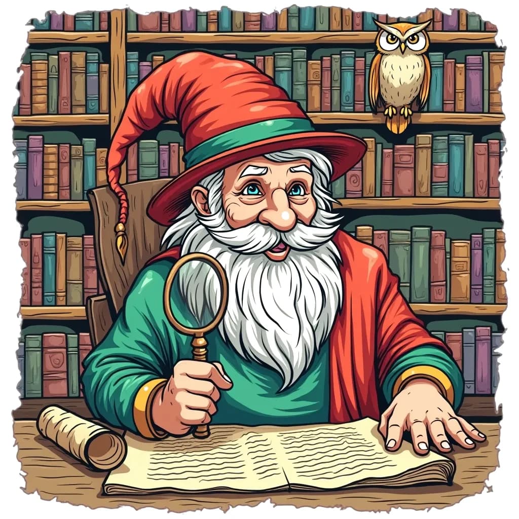 Coloring Page (colored): The Historian's Book Discovery - A wise historian is sitting in a cozy library, surrounded by tall shelves of books. They are uncovering an ancient scroll, with a magnifying glass in hand, while a small owl watches attentively from above.